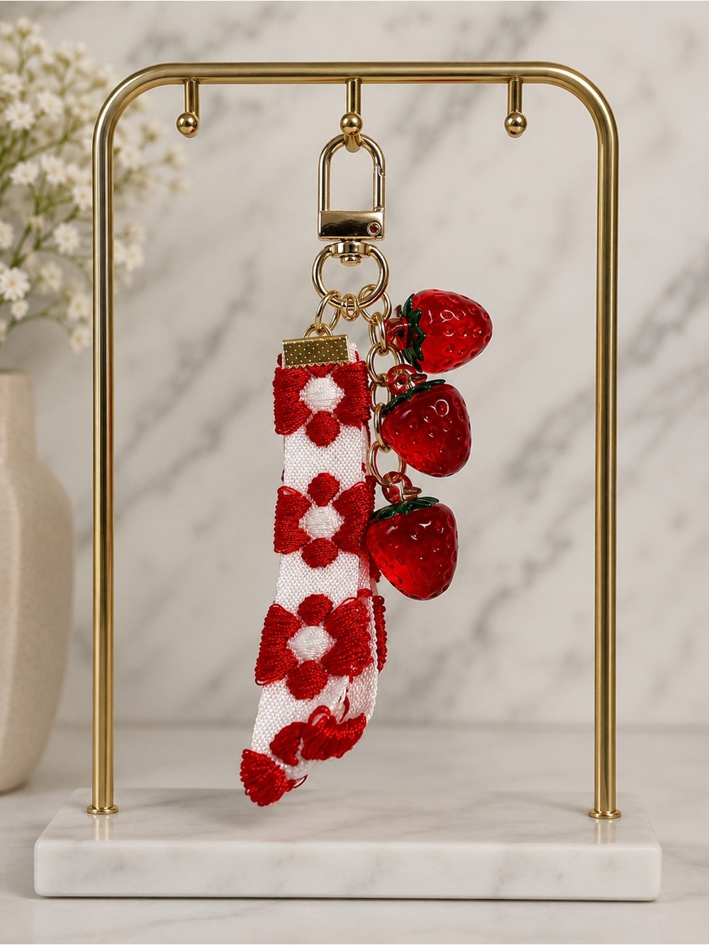 Strawberry Charm Keychain with Red Floral Woven Strap